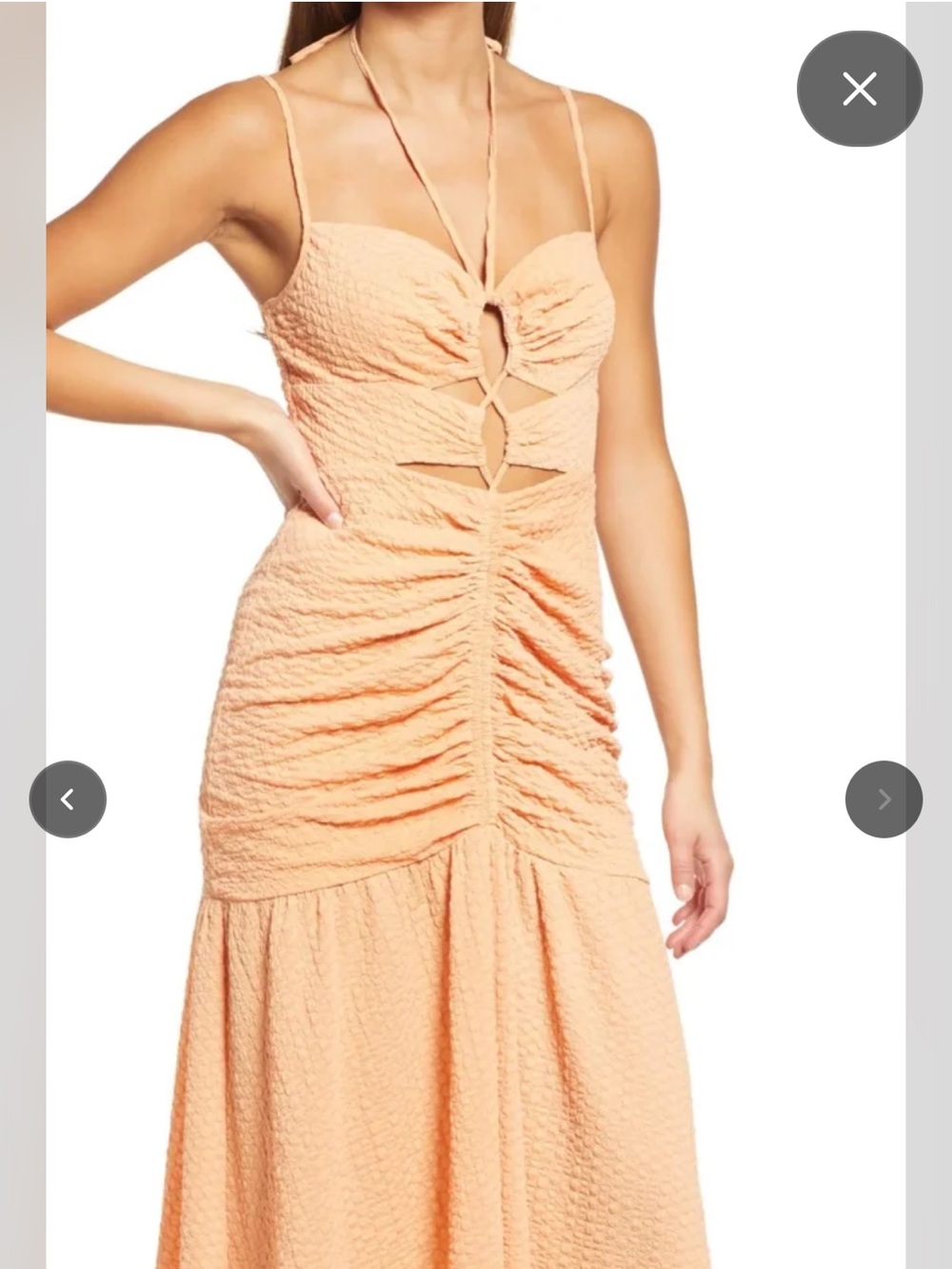 Wayf Peach Textured Ruched Midi Dress